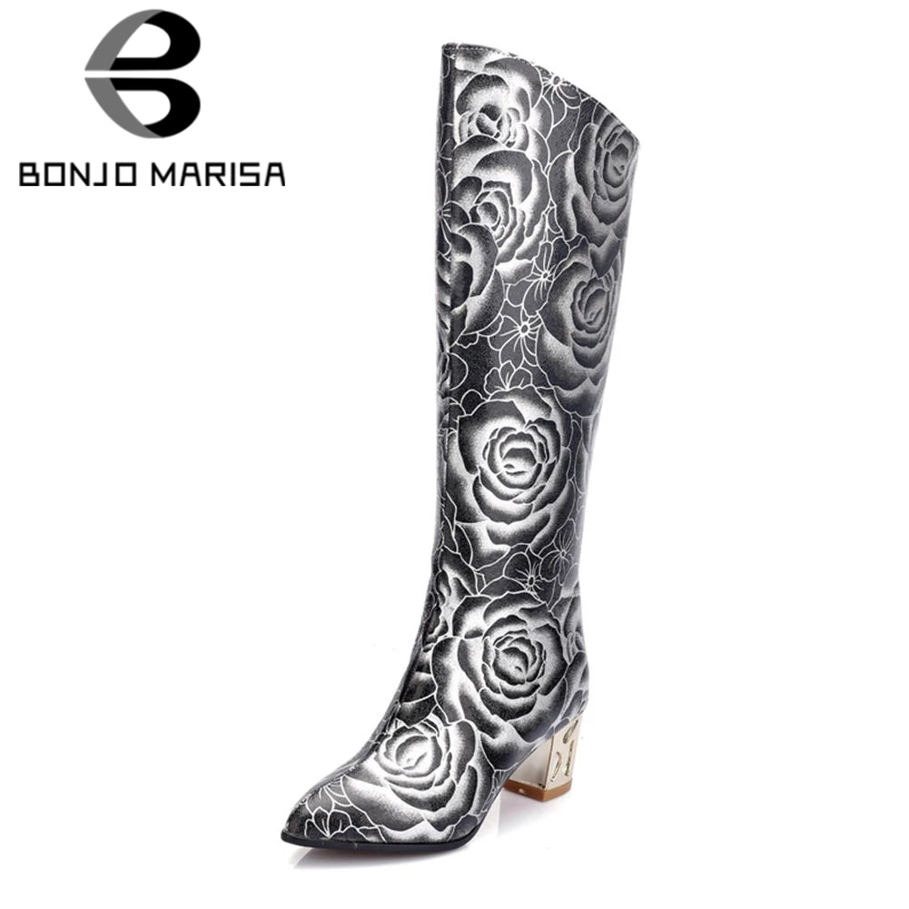 

BONJOMARISA 2019 Winter Plus Size 33-48 Fashion Flower Print Knee High Boots Party Wedding Warm Fur Boots High Heels Shoes Woman