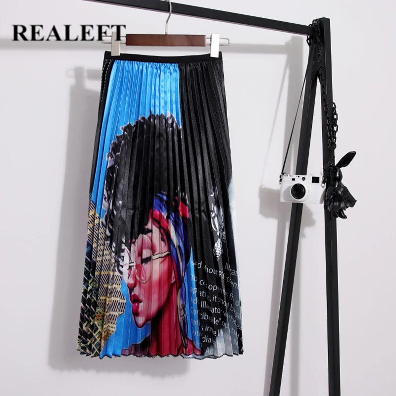

REALEFT Women Cartoon Printed Vintage Pleated Long Skirts New Arrival High Waist Harajuku Tulle A-Line Mid-Calf Skirts