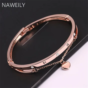 Charming Rose Gold Silver Color Crystal Bracelet Bangles For Women Fashion Heart Pendant Bangle Cuff Bracelet pure 24k yellow gold pendant 3d craved hollow heart bracelet pendant 1g