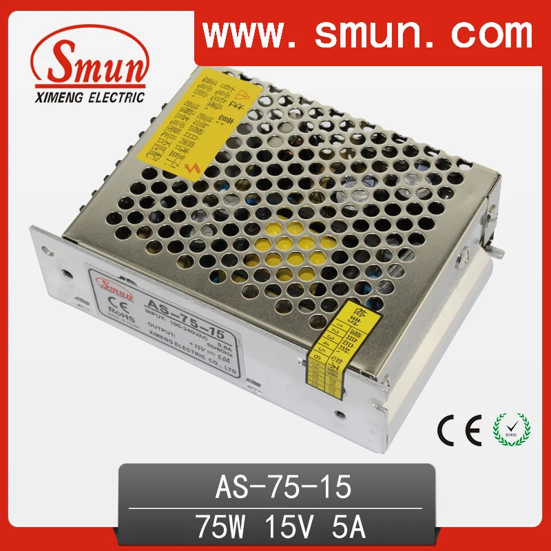 

SMUN AS-75-15 75W 15V 5A Mini Size SMPS Single Output Power Supply For LED