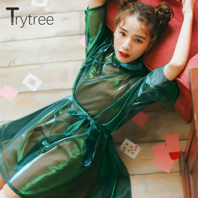 

Trytree Summer Autumn Dress Casual women Knee-Length Three Quarter Sleeve Solid Shining Voile chiffon dresses kyliejenner dress