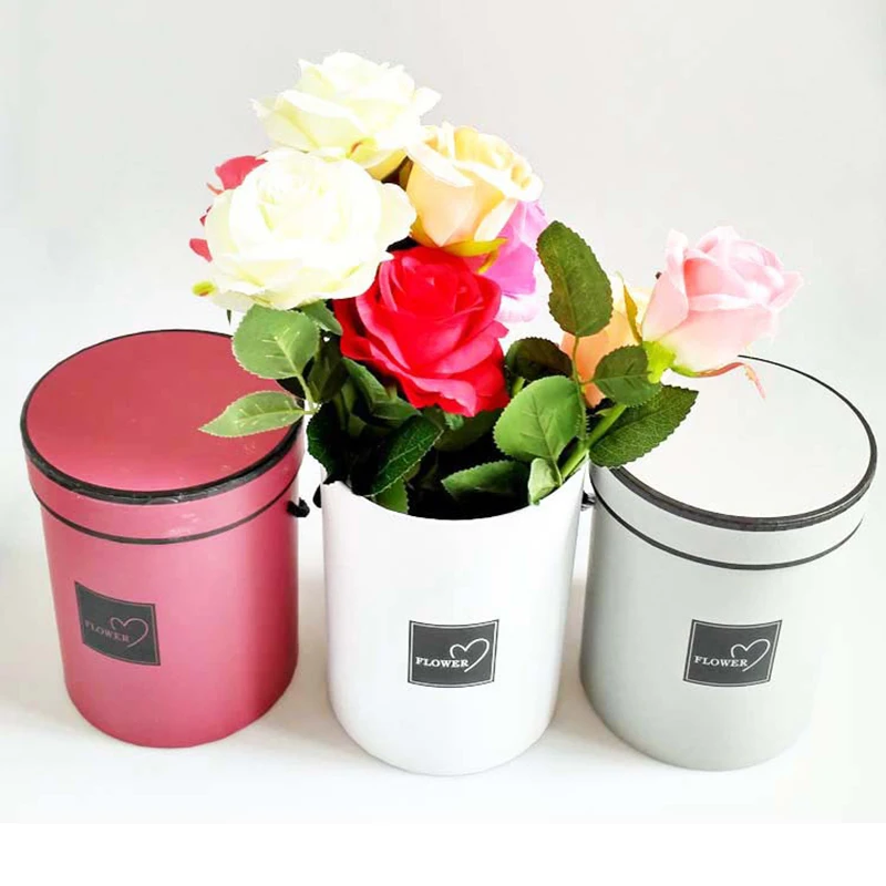 High Colorful Round Flower Paper Boxes with Lid Hug Bucket Florist Gift