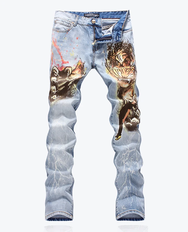 

New Novelty tiger print men denim jeans fashion gray trousers