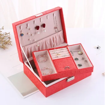 

Jewelry Storage Case Organizer Box With Lock For Earrings Bracelets Rings Necklace Dual-Layers PU Leather