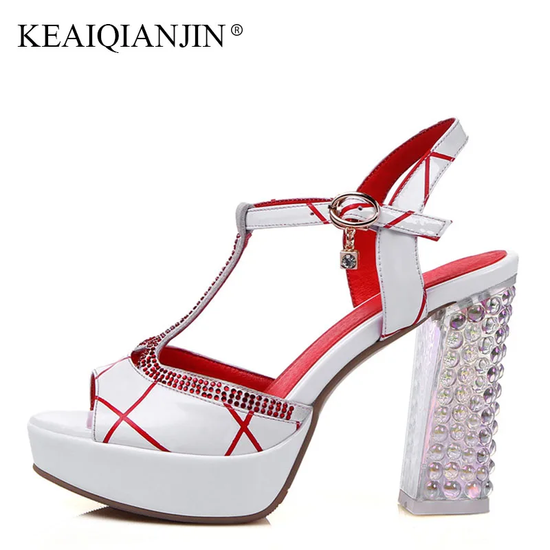 

KEAIQIANJIN Woman Genuine Leather Black Summer Sandals Fashion Wedding High Heels Shoes Sexy Plus Size 33 43 Crystal Sandals