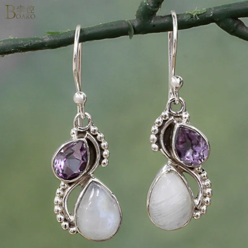 

BOAKO Natural Moonstone Earrings Purple Crystal Drop Earrings For Women Silver Color Boho Statement Earrings pendientes mujer