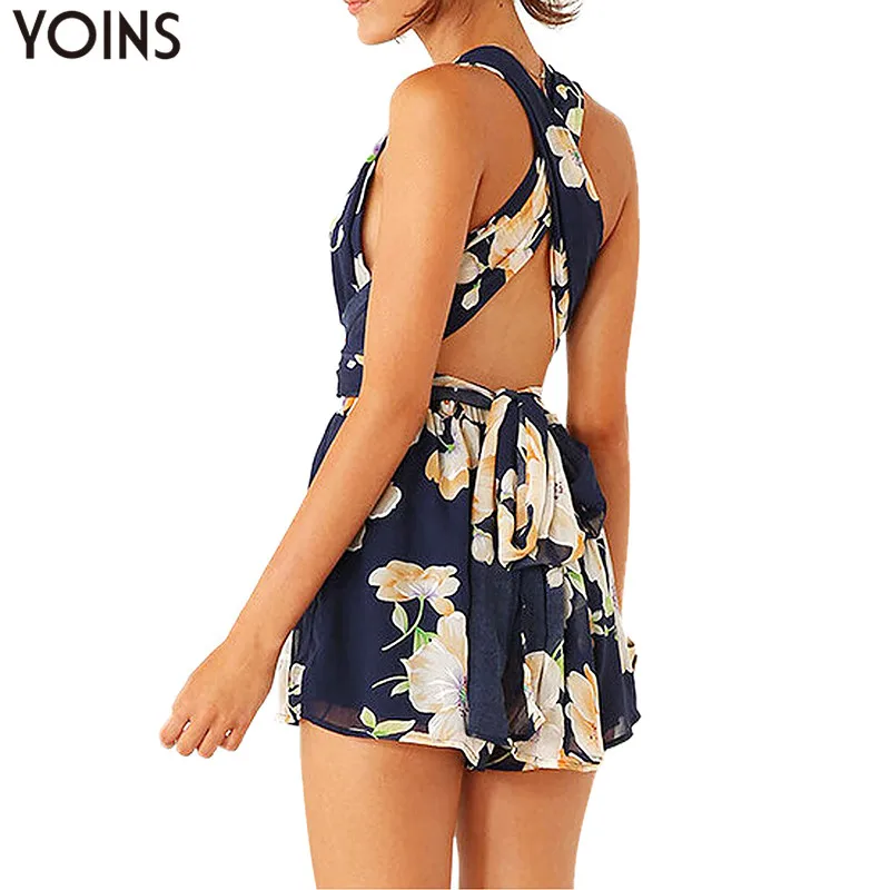 الأزهار طباعة بذلة رومبير الصيف الشيفون البوهيمي شاطئ أكمام الرسن قصيرة Playsuits عارضة فضفاض الجوف خارج داخلية