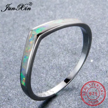 

JUNXIN Top Quality 100% Real Silver Color Wave Ring Fashion Jewelry Mystic Ocean Blue/White Fire Opal Rings For Women