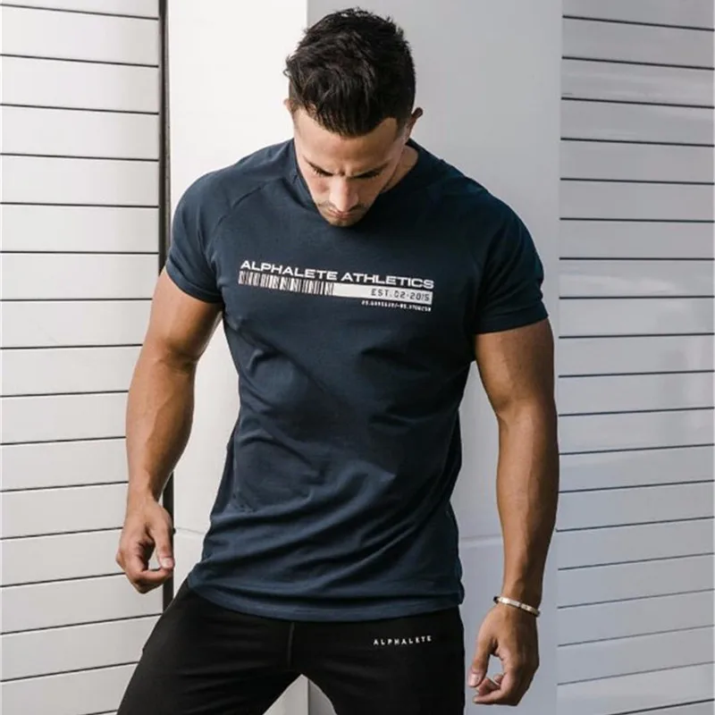 

New ALPHALETE Summer Men Short Sleeve Gyms T shirt Fitness Bodybuilding Crossfit Slim Shirts Fashion Leisure Cotton Tee Tops