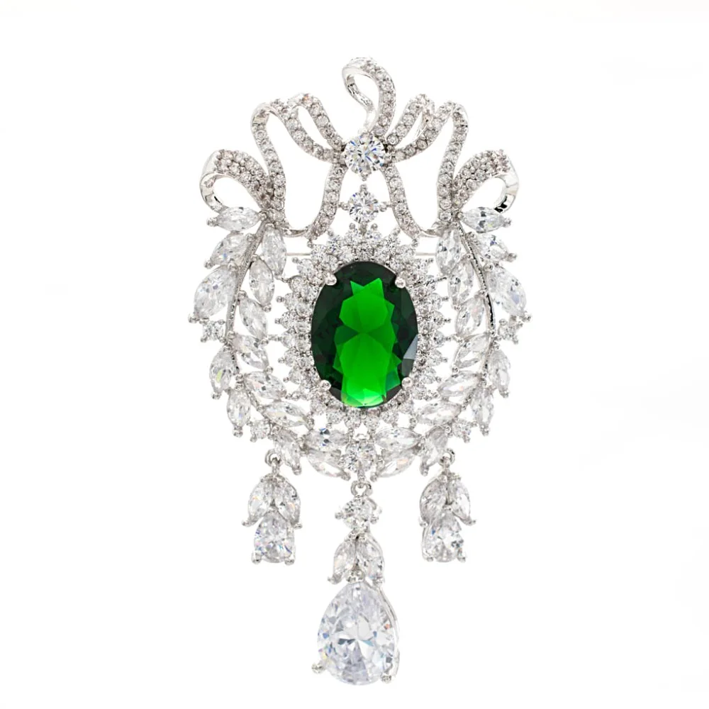 5A Cubic Zirconia Green Dangle Olive Branch Brooch Broach Pin High