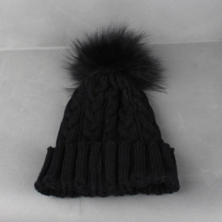 Осенне-зимняя женская вязаная шерстяная шапка Skullies Beanies из натурального меха енота, женские шапки с помпоном - Цвет: black fur pom