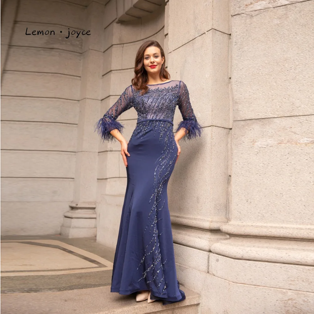 

Lemon joyce Dark Blue Evening Dresses with Sleeves Scoop Neck Beading Feathers Floor Length Mermaid Prom Party Gowns Plus Size