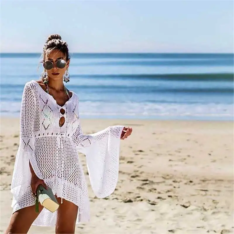 Billige MOSHENGQI Bikini Cover Up Badeanzug Sexy Pullover Badeanzug Gestrickte Bademode Mujer Sommer Strand Kleid Tragen Häkeln Sehen durch