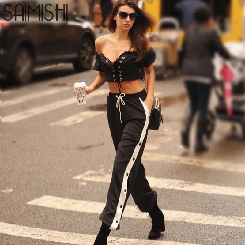 

Saimishi White Tape Panel Women Trousers Streetwear High Waist Drawstring Design Snap Button Side Harem Pants Joggers Sweatpants