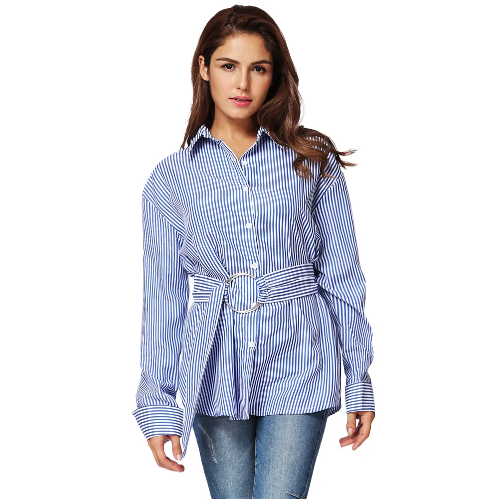 New Fashion Women Blue Striped Shirt Long Sleeve Button Down Shirt Turn