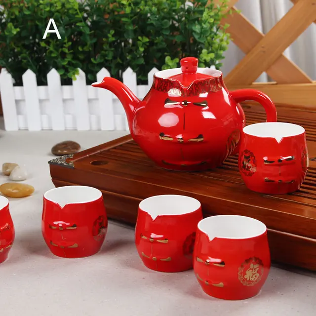 Chinese Red Porcelain Tea Sets Creative Wedding King Cup Ceramic Bone