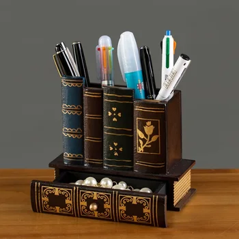 

Multifunction Retro Wooden Pen Holder Book Shape Wood Craft Home Decor Pencil Desktop Storage Box Drawers Stationery Holder Gift