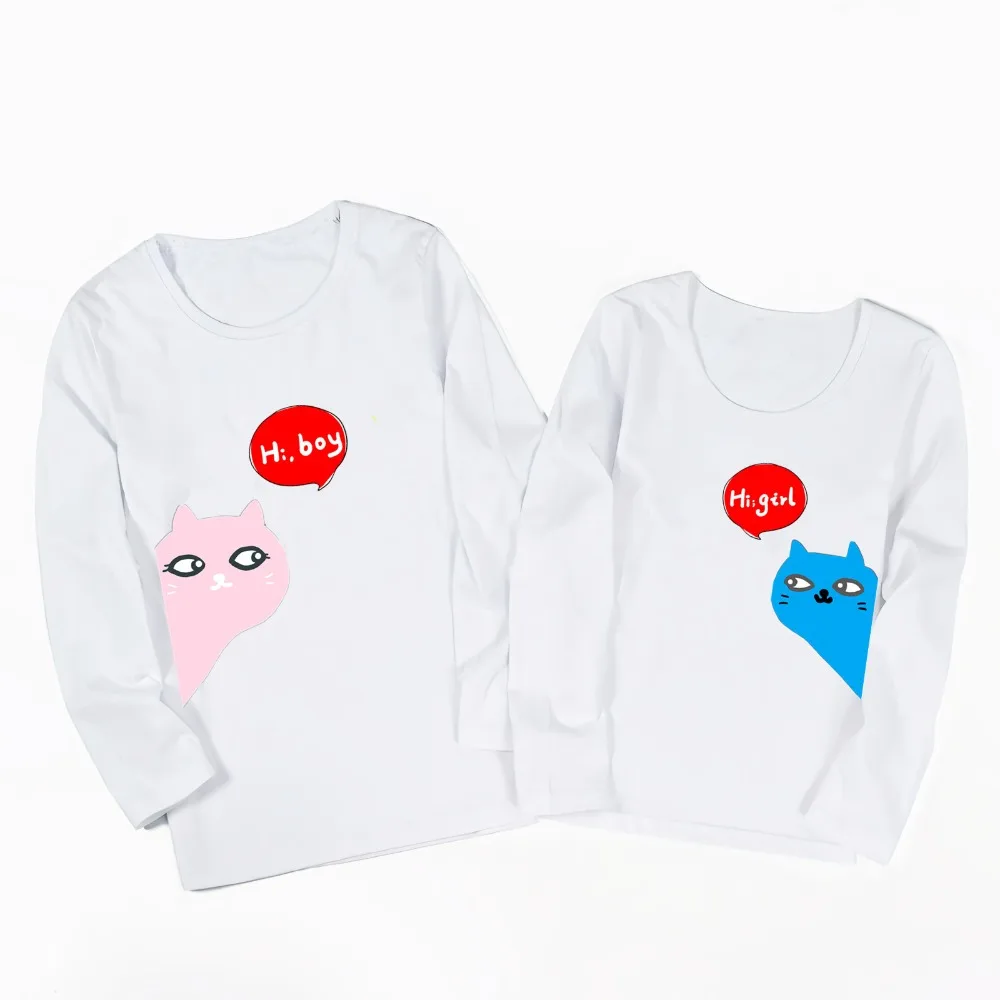 

New Couple Clothes Long Sleeve TShirt Cartoon Minimalist Cat Couple Art Style Print 100% Cotton Top Tee Casual O Neck