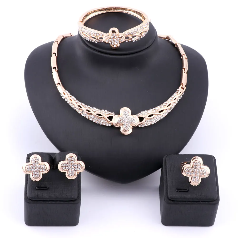 

African Beads Wedding Accessories Jewelry Sets Fine Full Rhinestone Gold Color Bridal Necklace Bangle Earring Rings Jewelry Set