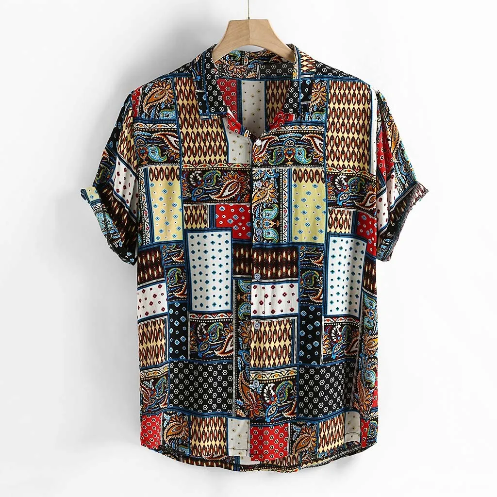 Мужская Уличная винтажная, этнический стиль печати Гавайские рубашки ретро лоскутное свободные короткий рукав Стенд воротник Повседневная рубашка плюс