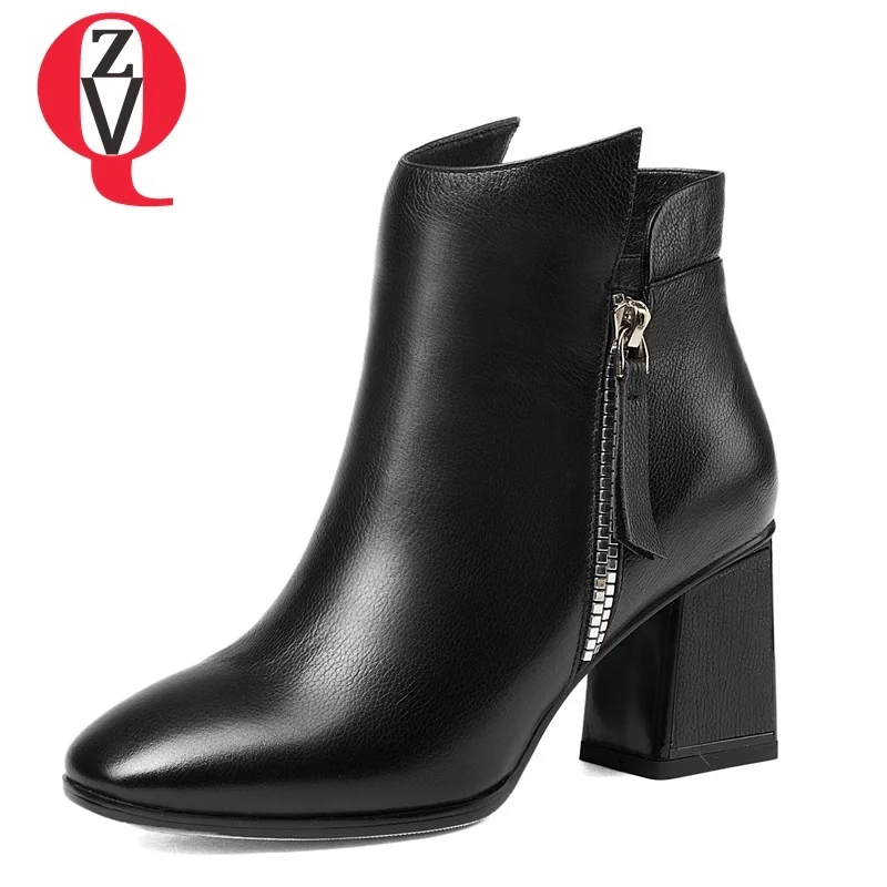 

ZVQ newest genuine leather square toe high square heel ankle boots metal decoration zipper fashion black and green women boots