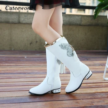 

2020 Winter girls boots children princess shoes fashion kids high snow boots girls butterfly sequin tassel genuine leather shoes