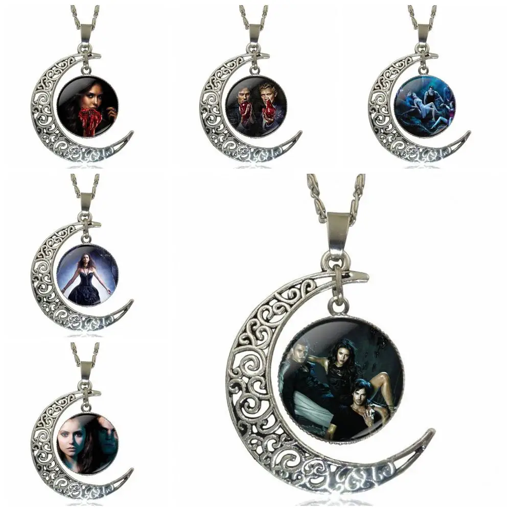 

For Christmas Gift Design Fashion Glass Crescent Moon Women Necklace Pendants Vampire Diaries