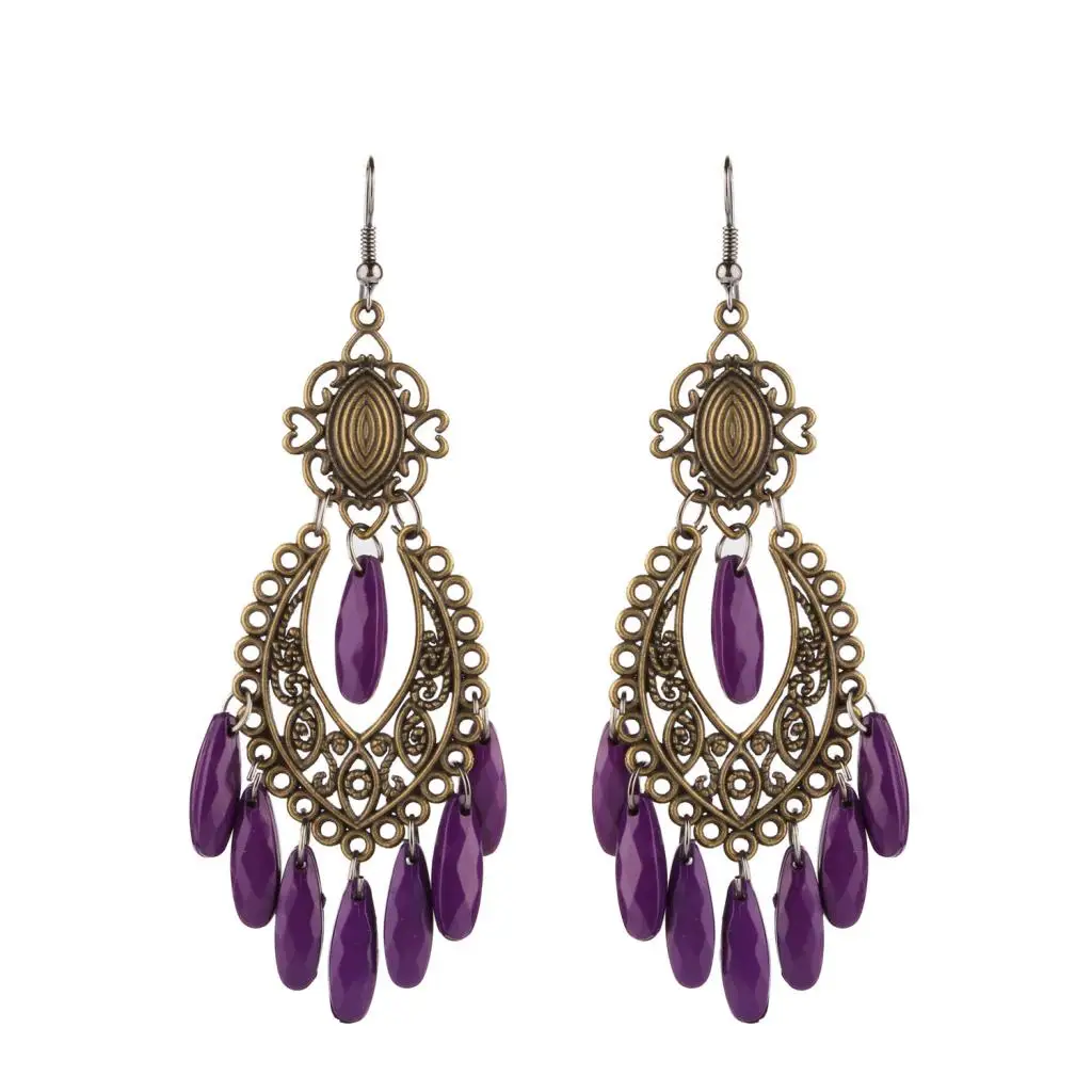 Women Behomia Hollow Flower Alloy Hook Style Earringd Ethnic Odd Beads Drop Long Tassel Fringe Earrings 