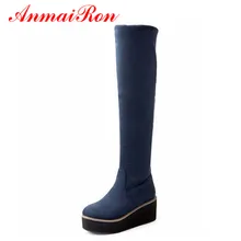 ANMAIRON обувь размеров 4–10 5 модные пикантные женские ботфорты с круглым носком зимние теплые сапоги на танкетке и высокой платформе высокие зимние сапоги