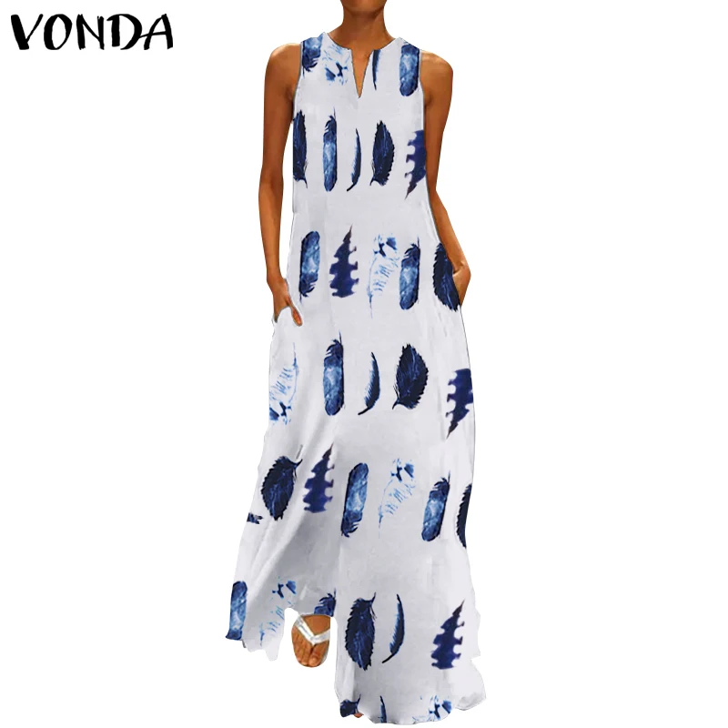 

VONDA Women Floral Print Bohemian Dresses Casual Loose Maternity Dress Sexy Sleeveless Vestidos Summer Sundress Plus Size S-5XL