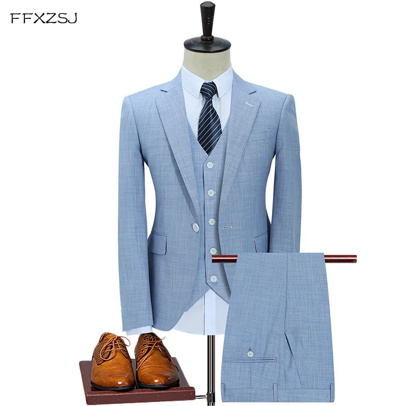FFXZSJ2018 البيج دعوى الرجال صالح سليم الصيف حفلة موسيقية بدل زفاف للرجال Terno Masculino سهرة رجل دعوى (سترة + السراويل + سترة) 3 قطعة