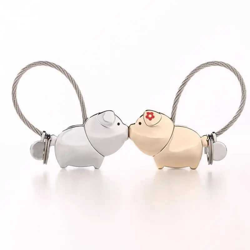 Love Me Kiss Pig Key chain Key Ring for Women Pendant Couple Lovers Trinket Keychain llaveros para pareja mujer - Цвет: Silver Golden