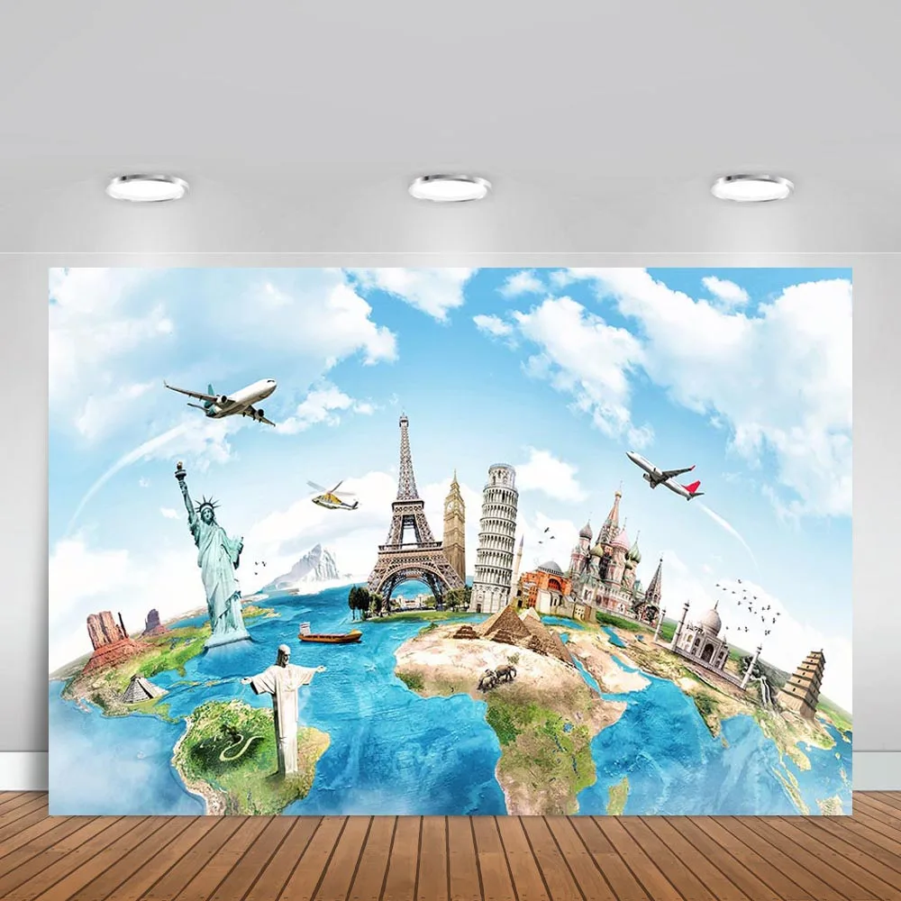 

Vinyl Photography Background Birthday Travel World Scenic Eiffel Tower Statue of Liberty Map Children Backdrop Photo Studio