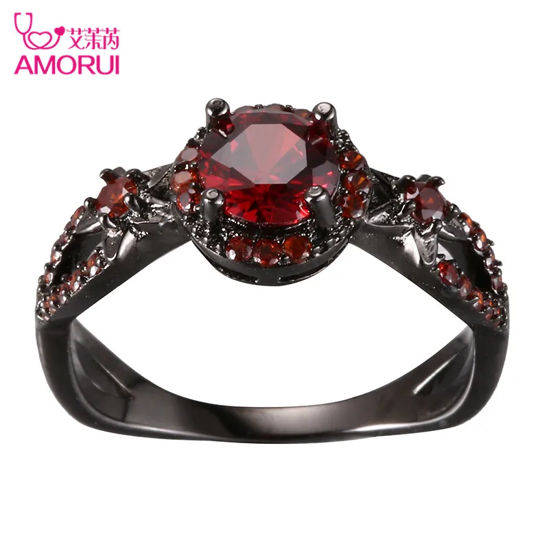 AMORUI New Flower Red CZ Women's Engagemenr Ring Jewelery Black Gold Color Vintage Party Rings for Women Fashion Jewelry Bijoux