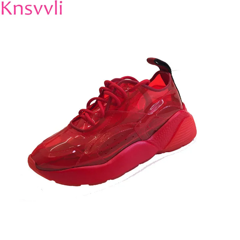 

2019 New Red Clear PVC Platform Shoes Women Colorful Night Glow Lace Up Height Increasing Shoes Ladies Round Toe Casual Sneaker