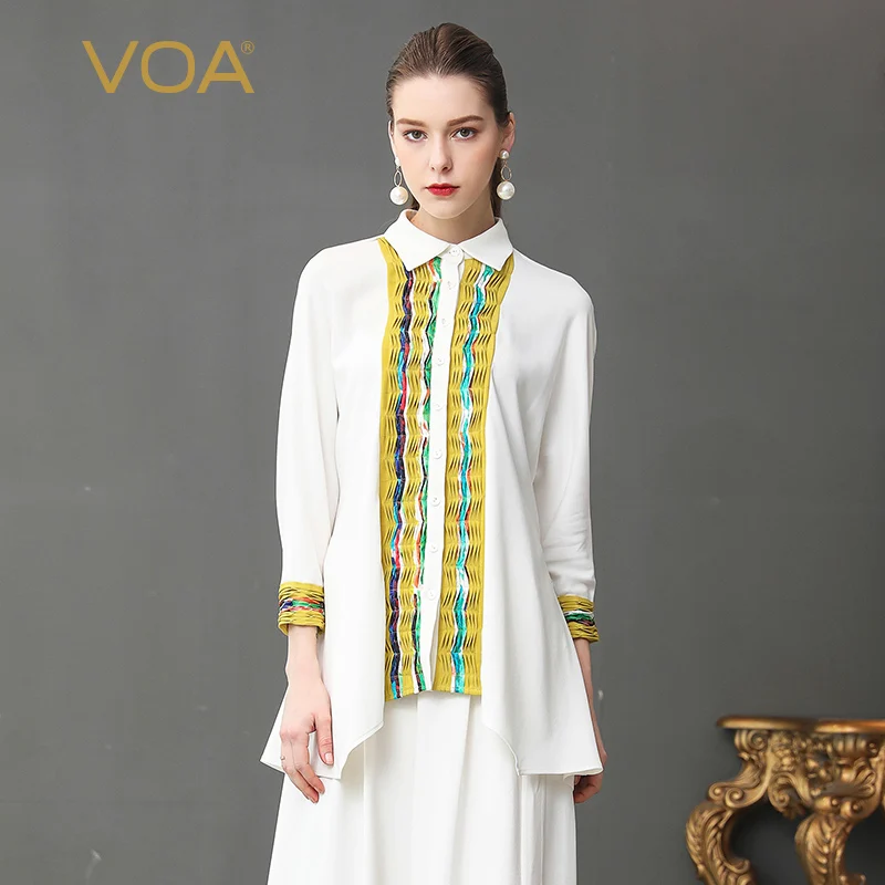 Блузка VOA Женская белая из тяжелого шелка с длинным рукавом|shirt women|shirts women topssilk blouse