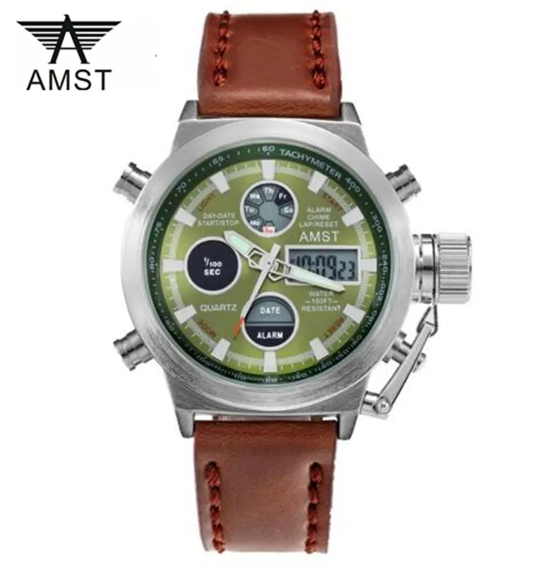 Мужские часы Модные Военные Спортивные кварцевые часы дайвер водонепроницаемый кожаный ремешок для часов армейские цифровые часы Relogio Masculino - Цвет: L Brown white green