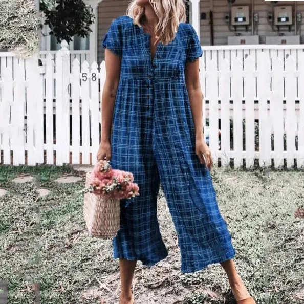Bodysuit Bodysuit Women Casual Plaid Printed Short Sleeve Button Opening Beach Loose Long Jumpsuit body feminino para mulheres