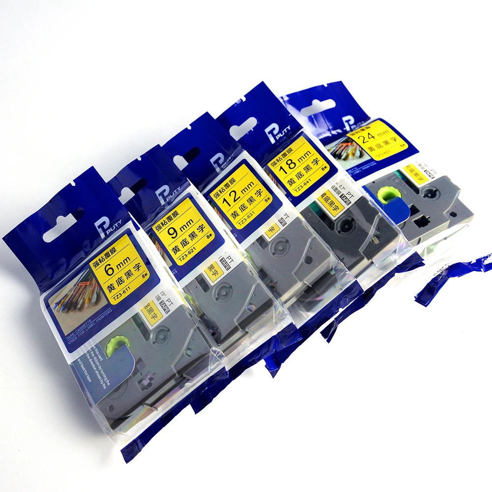 

5 mixed brother p touch Black on Yellow label tape Tze-611 tze-621 tze-631 tze-641 tze-651 tze label tape cassette 6mm 9mm 12mm