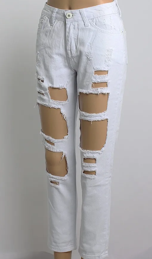 Новые женские модные штаны с дырками, сексуальные повседневные, прямой с высокой талией, белые рваные джинсы бойфренда, рваные джинсы