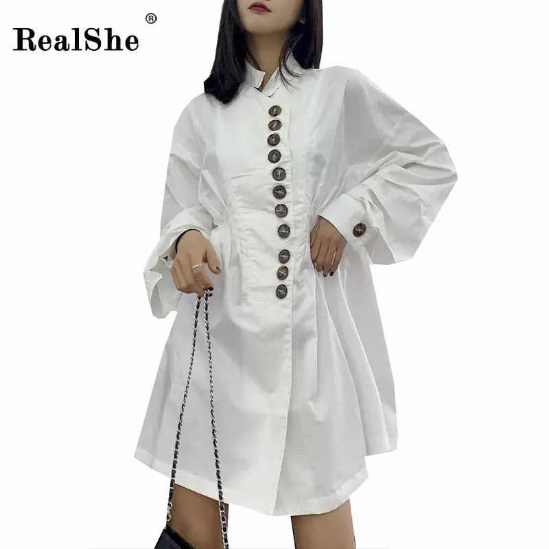 

RealShe 2019 Summer Woman Solid Dress Women O Neck Long Sleeve Buttons Pleated Mini Dresses Ladies Casual A-Line Dress Vestidos