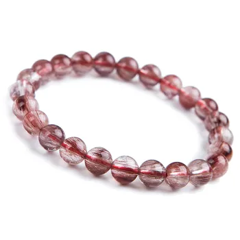 

Genuine Natural Red Rutilated Quartz Bracelets For Women 8mm Stretch Crystal Round Bead Bracelet
