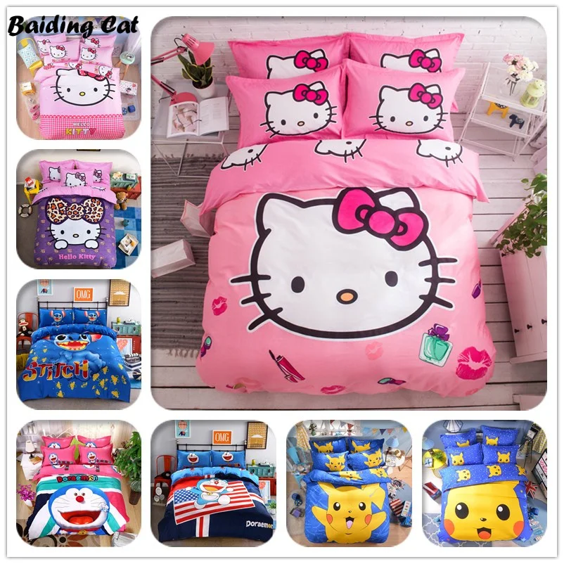 

Cartoon 3d Bedding Set Hello Kitty Mickey Mouse Pikachu Printed for Kids Cotton Bed Linen 4pcs Duvet Cover Bed Sheet Pillowcases