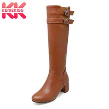 KemeKiss/размеры 32-43, женские сапоги на высоком каблуке, женские сапоги выше колена на молнии с металлической пряжкой, с круглым носком, на толстом каблуке, теплые зимние сапоги, Botas Mujer