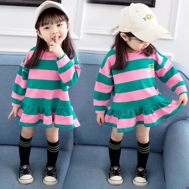 

Spring and autumn children clothing baby girls clothes dress long sleeve O-Neck Striped Dress for 1t 2t 3t 4t 5t girl kids dress