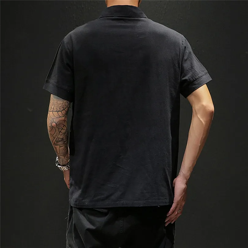 New Fashion Men Summer Cotton And Linen Short Sleeve Solid Color Stand Neck Loose Casual T Shirt Blouse Polo Top #4A24 (21)