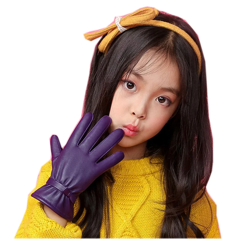 Genuine Leather Gloves Five Finger Children's Glove Winter Warm Velvet