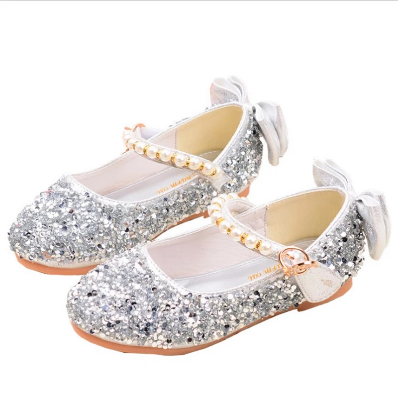 

Size 24#-36# Girls Shoes Princess Wedding Party Kids Leather Shoes Pearl Glitter Children Pink Bowtie Flat heel Shoes Christmas