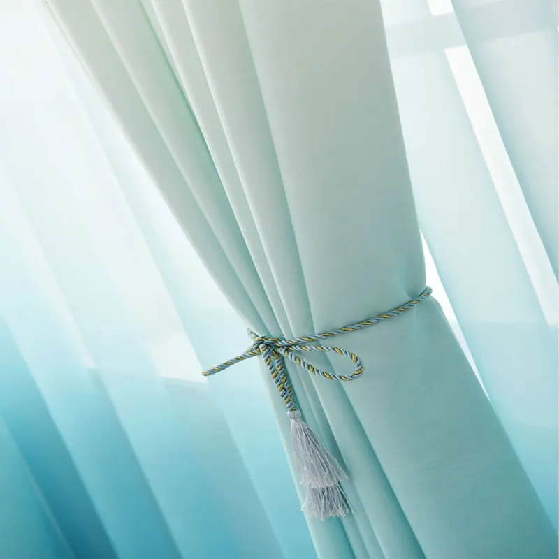 

High Quality Blue Curtains Gradient Print Voile Curtain Modern Window Living Room Tulle Curtains Drapes Gray Fabric Cortinas