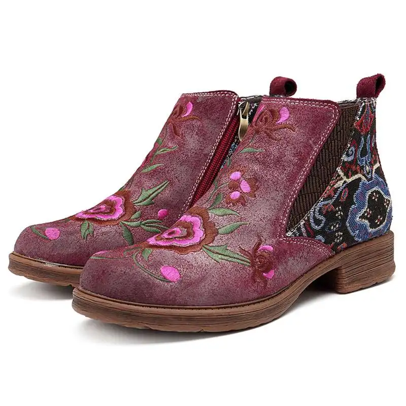 Socofy/Винтажные ботильоны с вышитыми цветами; женская обувь; женские повседневные ботинки из натуральной кожи на молнии; botas Mujer - Цвет: Wine Red
